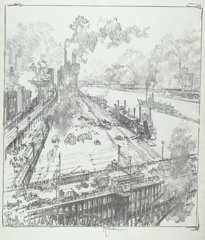 Der Kai von der Eads-Brücke, St. Louis, 1919 von Joseph Pennell