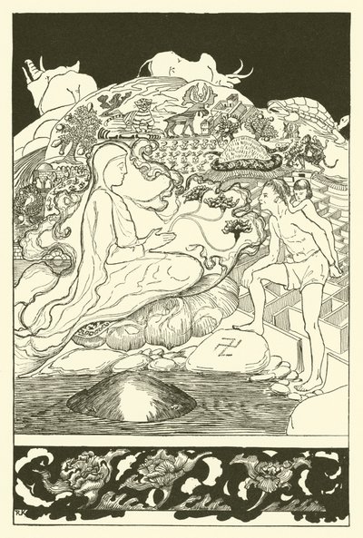 Pau Amma die Krabbe läuft weg, während der älteste Magier mit dem Mann und seiner kleinen Tochter spricht von Joseph Rudyard (after) Kipling