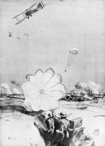 Flugzeug liefert Munition an die britische Frontlinie, Erster Weltkrieg, 1914-1918, 1926 von Joseph Simpson