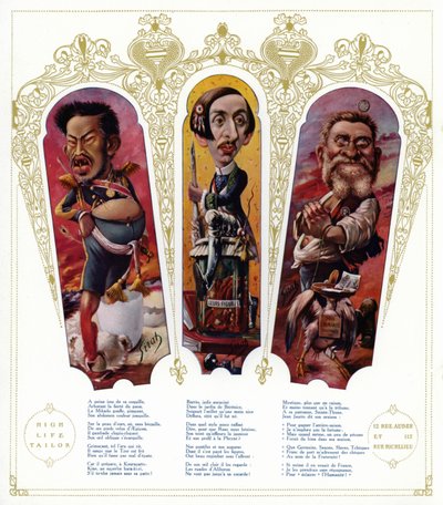 Karikaturen: Meiji-Kaiser von Japan; Maurice Barres, französischer Schriftsteller und nationalistischer Politiker; Jean Jaures, französischer Politiker von Joseph Sirat