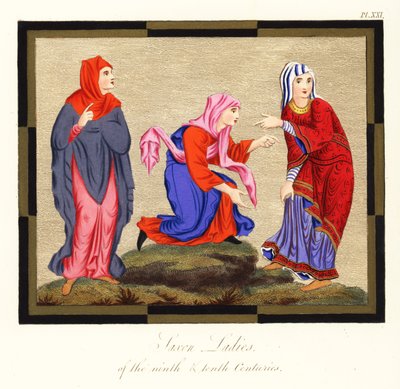 Angelsächsische Frauenkostüme, 9. und 10. Jahrhundert (Kupferstich) von Joseph Strutt