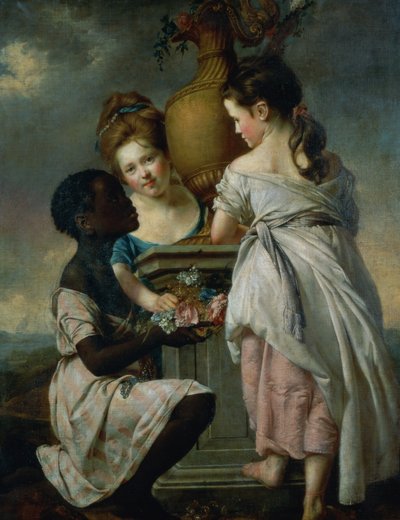 Ein Gespräch zwischen Mädchen oder Zwei Mädchen mit ihrem schwarzen Diener, 1770 von Joseph Wright of Derby