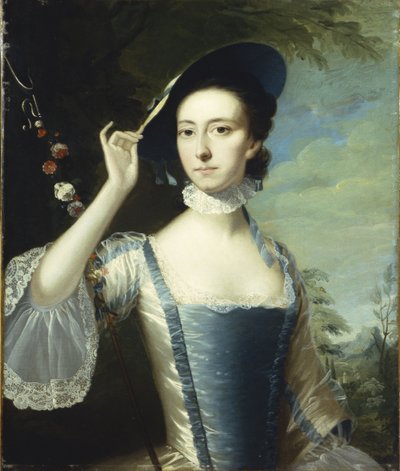 Porträt einer Dame bei einem Blumenkranz, in einer Landschaft von Joseph Wright of Derby