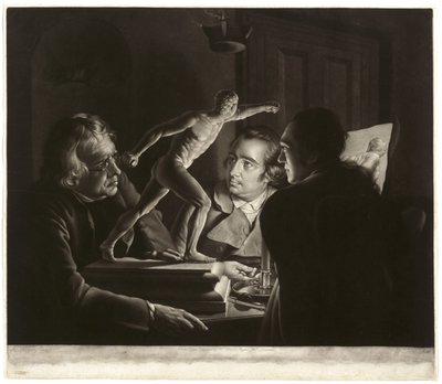 Drei Personen betrachten den Gladiator bei Kerzenlicht, graviert von William Pether von Joseph Wright of Derby