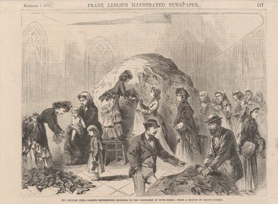 Das Chicago-Feuer: Damen verteilen Kleidung an Leidende beiderlei Geschlechts, Illustration aus Frank Leslies Illustrated Newspaper, 1871 von Joseph after Becker