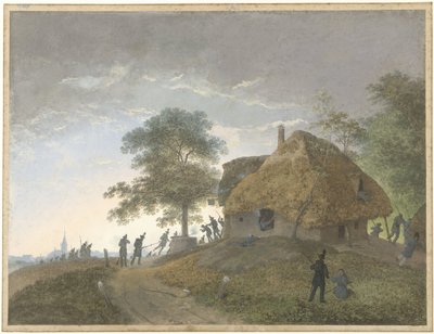 Kampf bei einem Gasthaus oder Strohdachhaus auf einem Hügel von Josephus Augustus Knip
