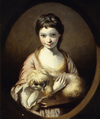 Porträt von Miss Emilia Vansittart, Halbfigur, in einem rosa-weißen Kleid, einen Hund haltend, ca. 1767-68 von Joshua Reynolds