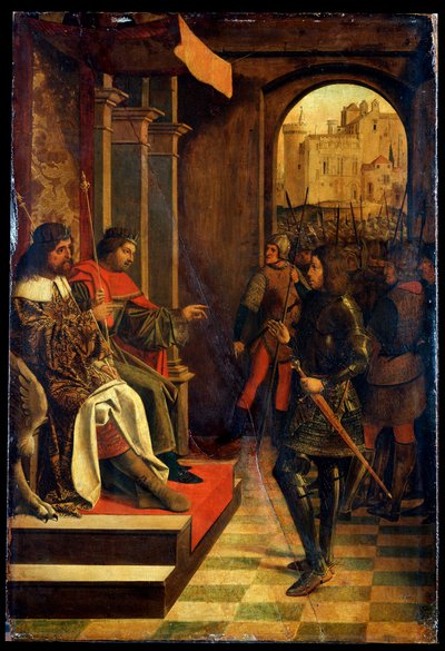 Der heilige Sebastian vor den Kaisern Diokletian und Maximian, spätes 15. Jahrhundert von Josse Lieferinxe