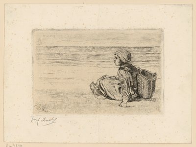 Mädchen mit Kiepe auf dem Rücken am Strand von Jozef Israëls