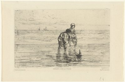 Kinder spielen mit einem Schiffchen am Strand von Jozef Israëls