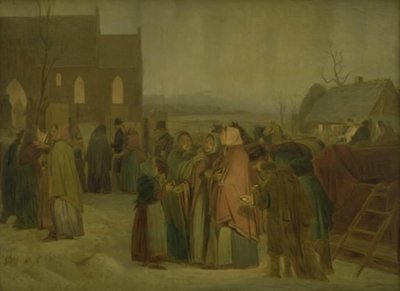 Bauern vor der Kirche an einem Weihnachtsmorgen von Jørgen V. Sonne