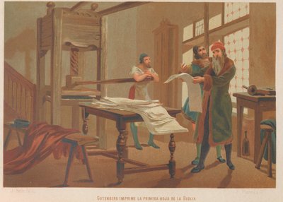 Gutenberg druckt die erste Seite der Bibel. Aus: La ciencia y sus hombres von Juan Planella y Rodríguez