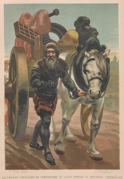 Johannes Gutenberg verlässt Straßburg. Aus: La ciencia y sus hombres, 1879 von Juan Planella y Rodríguez