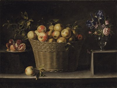 Äpfel in einem Weidenkorb, ein Granatapfel auf einem Silbertablett und Blumen in einer Glasvase von Juan de Zurbaran