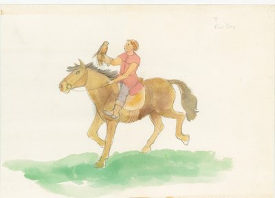 Ein mittelalterlicher Mann, der auf einem Pferd mit einem Raubvogel auf dem Arm reitet, 2004 von Judith Dobie