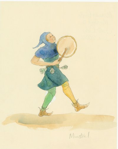 Ein mittelalterlicher Minnesänger spielt ein Schlaginstrument, möglicherweise eine Trommel von Judith Dobie