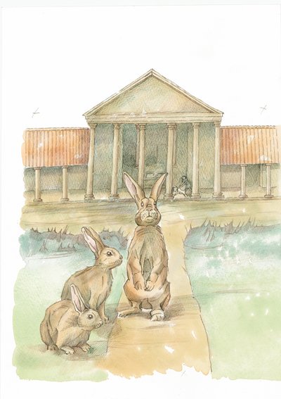 Kaninchen vor dem Fishbourne Römischen Palast, Fishbourne, Chichester, West Sussex, 2019 von Judith Dobie