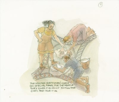 Zwei Arbeiter verfugen eine Bodenplatte, hergestellt und überwacht vom Meisterhandwerker, 2003 von Judith Dobie