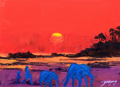 Lebendiger Sonnenuntergang Elefanten von Jukyong Park
