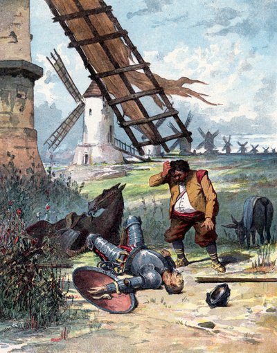 Don Quixote kämpfte mit Windmühlen und fiel vom Pferd, Sancho Panza schaut auf seinen Meister, Illustration des Buches von Miguel de Cervantes "Histoire de Don Quichotte", Gravur nach Jules David von Jules (after) David