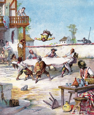 In der Herberge wird Sancho Panza misshandelt, er ruft seinen Herrn Don Quixote zu Hilfe, Illustration aus dem Buch von Miguel de Cervantes "Histoire de Don Quichotte", Gravur nach Jules David von Jules (after) David