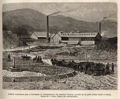 Mexikanische Arastras (Bereich, der von den Füßen der Maultiere zertrampelt wird, wie beim Treten der Ähren) zur Zerkleinerung und Amalgamierung von Silbererzen (Gould- und Curry-Fabriken) in der Nähe von Virginia City (Nevada), Gravur nach J. Ferats Zeich von Jules (after) Ferat