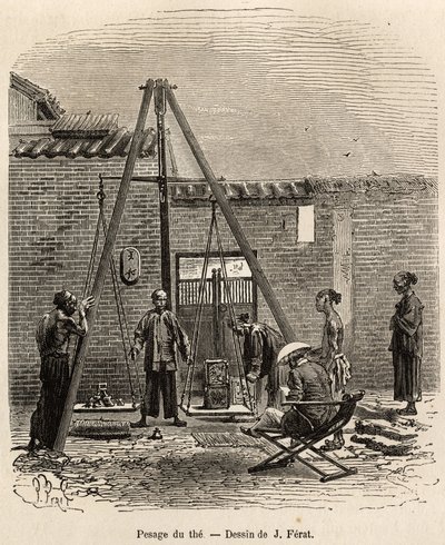 Das Wiegen des Tees vor seiner Expedition auf Handelsmärkten in einer Schießpulverfabrik in der Fati-Bucht (Provinz Kanton), graviert nach einer Zeichnung von J. Ferat zur Illustration der Reise nach China, von J. Thompson, 1870-1872, veröffentlicht in „Le von Jules (after) Ferat