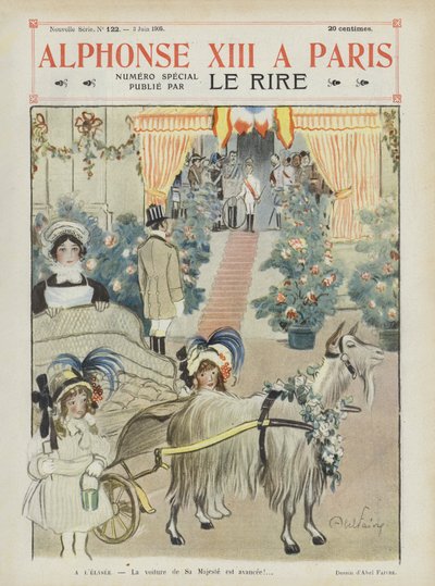 Besuch von König Alfons XIII. von Spanien in Paris. Illustration für Le Rire von Jules Abel Faivre