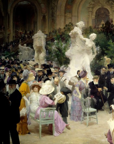 Belle Époque: „Ein Freitag im Salon des artistes français“. Gesellschaftliches Leben während der Kunstausstellung im Grand Palais in Paris. (Detail) von Jules Alexandre Gruen or Grun