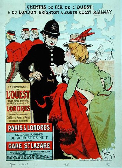 Plakat, das Zugverbindungen von Paris nach London für die Compagnie des Chemins de Fer de l