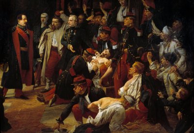 Kaiser Napoleon III. besucht die französischen, piemontesischen und österreichischen Verwundeten der Schlacht von Montebello in den Ambulanzen von Voghera im Mai 1859 (Detail). Gemälde von Jules Rigo (1810-1892) 1859 Paris, Museum des Val de Grace von Jules Alfred Vincent Rigo