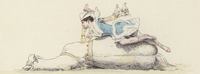Zirkusartistin, liegend auf einem Pferd, mit Tauben auf Arm und Kopf von Jules Arsene (after) Garnier