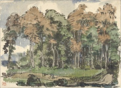 Weg am Waldrand mit arbeitenden Bauern von Jules Chadel