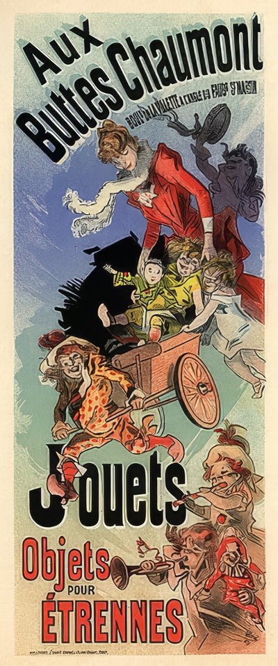Aux Buttes Chaumont. Werbeplakat für ein Spielwarengeschäft von Jules Cheret