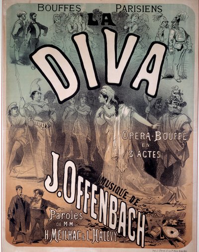 Plakat für die Operette „Diva“ mit Musik von Jacques Offenbach (1819-1880) bei den Pariser Bouffes von Jules Cheret