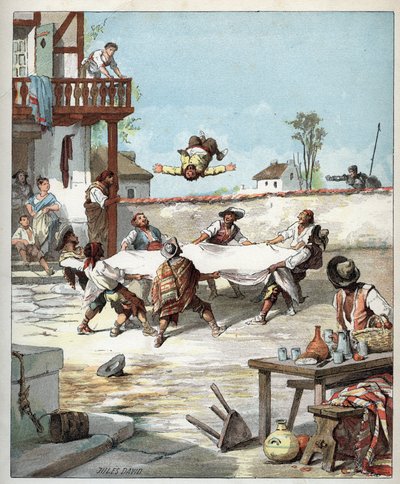 Sancho Panza wird in einem Gasthaus misshandelt und ruft seinen Herrn Don Quijote um Hilfe - Illustration von Jules David (1808-1892) aus „Geschichte von Don Quijote“ von Jules David