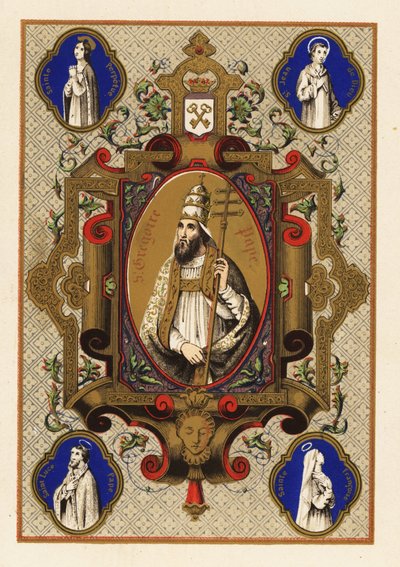 Porträt von Sankt Gregor, Papst Gregor I., mit Triregnum oder Dreifachkrone und päpstlicher Ferula, innerhalb eines dekorativen Rahmens von Jules Desportes