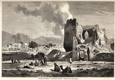 Die Vororte von Teheran (heutiges Iran). Zeichnung von Jules Laurens (1825-1901), zur Illustration von Arthur Gobineaus Reise nach Persien von 1855 bis 1858. Gravur in „Le tour du monde, nouveau journal des voyages“ Paris von Jules Joseph Augustin Laurens