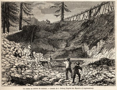 Eine Bergbauansiedlung oder Werkstatt in Kalifornien, Zeichnung von Jules Pelcoq, zur Illustration der Reise von Baron de Wogan nach Kalifornien in den Jahren 1850-1852. Gravur in „Le tour du monde, nouveau journal des voyages“ Paris von Jules Pelcoq