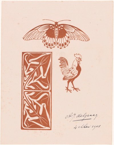 Schmetterling, Hahn und Blattwerk von Julie de Graag (signed by artist)