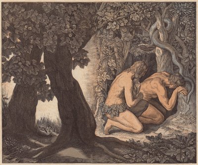 Adam und Eva verstecken sich im Garten, Genesis, III, 8 von Julius (after) Schnorr von Carolsfeld