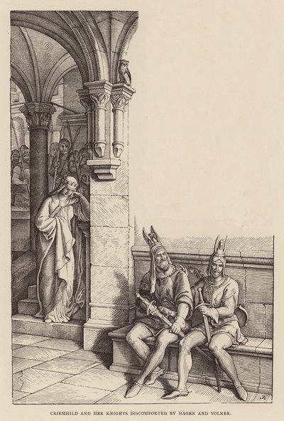 Criemhild und ihre Ritter von Hagen und Volker bedrängt (Gravur) von Julius (after) Schnorr von Carolsfeld