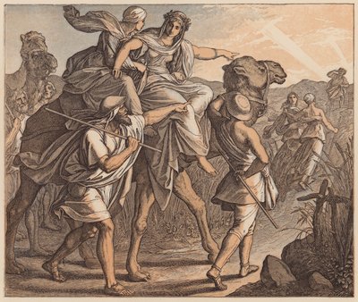 Das Treffen von Isaak und Rebekka, Genesis, XXIV, 64 (farbige Gravur) von Julius (after) Schnorr von Carolsfeld