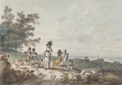 Ansicht von London mit St. Paul’s in der Ferne: Frau und Kinder mit Kinderwagen von Julius Caesar Ibbetson