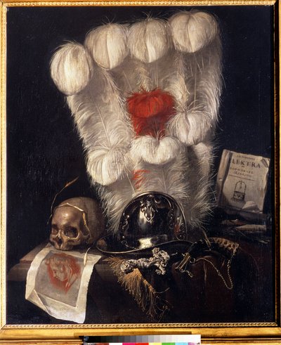 Eitelkeit mit Schädel, umgeben von Weizenähre, Helm, Dolch, Horn, Federn und einem Exemplar von 