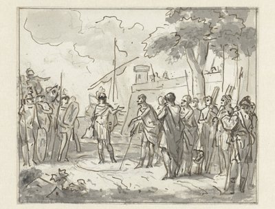 Laenas zieht im Sand einen Kreis um Antiochos IV. Epiphanes von Jurriaan Andriessen