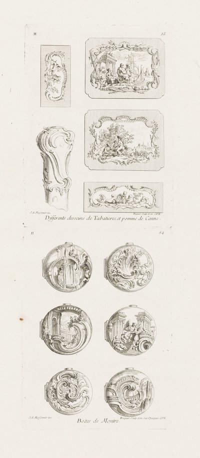 Verschiedene Entwürfe für Schnupftabakdosen und einen Stockgriff, 5. Tafel, Tafel 53 in Oeuvre de Juste-Aurèle Meissonnier von Juste Aurèle Meissonnier