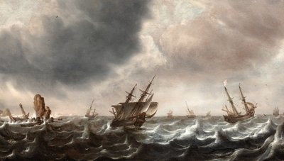 Schiffe in stürmischer See mit einem Wal im Vordergrund von Justus de Verwer