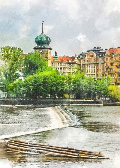 Prager Wasserturm und Fluss von Justyna Jaszke