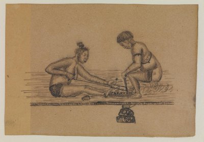 Illustration zu einer Inuit-Legende (zwei nackte Personen machen Feuer) von Kaarale Andreassen